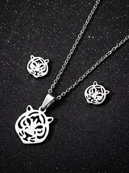 Jewelry - New - 2Pairs Tiger Head Stud Earrings Necklace Set for‎ Women Cute